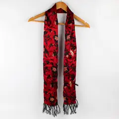 Zazou Red Black and Yellow Floral Pattern Fringed Rectangle Scarf 9.5" x 60"