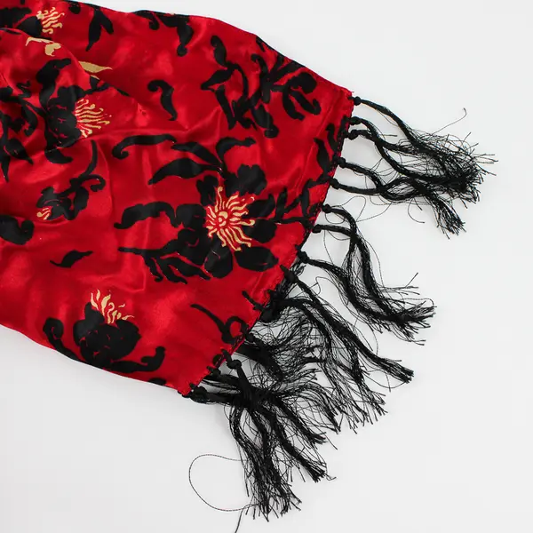Zazou Red Black and Yellow Floral Pattern Fringed Rectangle Scarf 9.5" x 60"