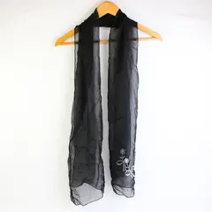 Floral Embroidered Letter G Monogram Sheer Black Rectangle Scarf  17" x 66"