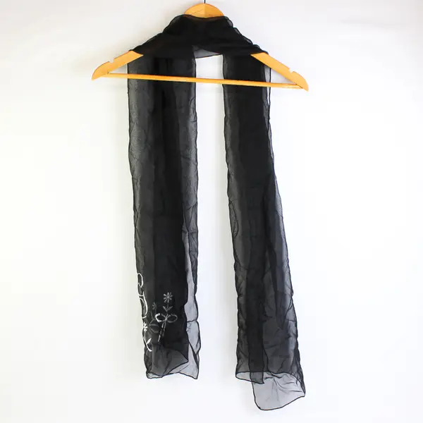 Floral Embroidered Letter G Monogram Sheer Black Rectangle Scarf  17" x 66"