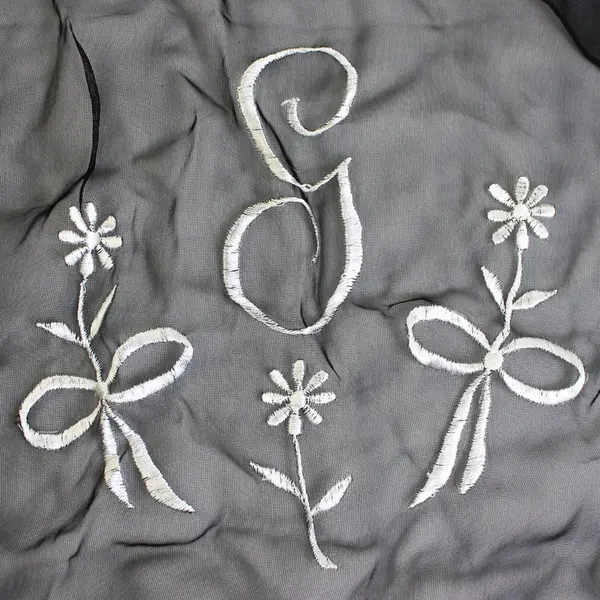 Floral Embroidered Letter G Monogram Sheer Black Rectangle Scarf  17" x 66"
