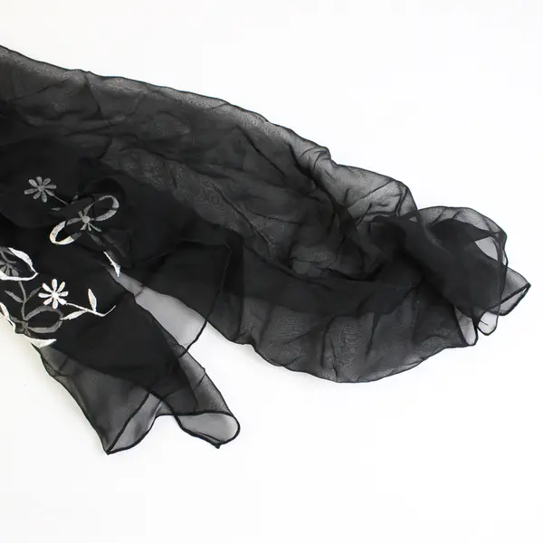 Floral Embroidered Letter G Monogram Sheer Black Rectangle Scarf  17" x 66"