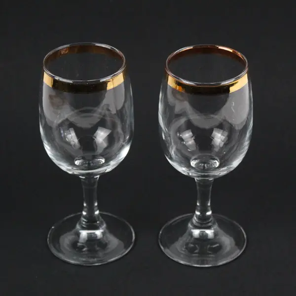 Lot Of 2 Matching Fostoria Classic Gold Trim Claret Wine Glasses 6.5" Tall