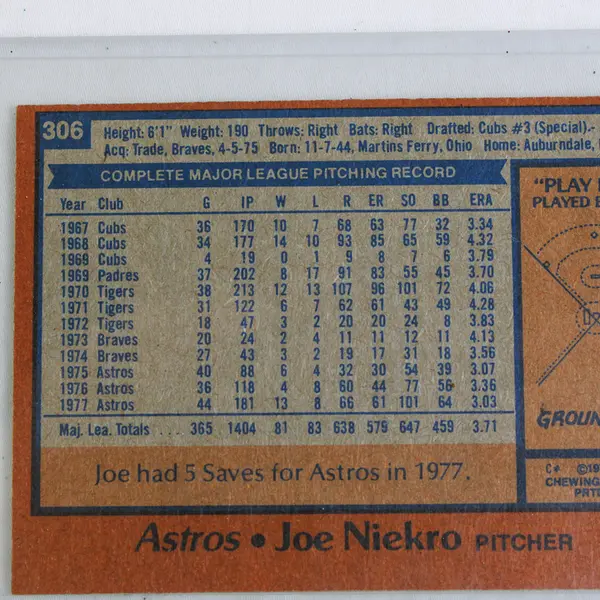 1978 Topps Baseball, Joe Niekro, #306, Near Mint Condition