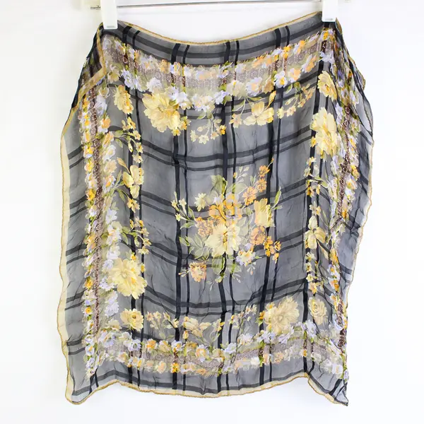 Black and Yellow Floral Pattern Sheer Silk Square Scarf 20" x 20"