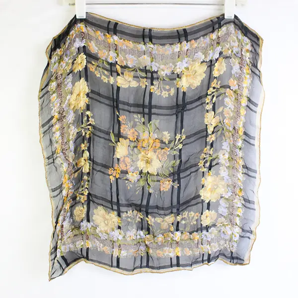 Black and Yellow Floral Pattern Sheer Silk Square Scarf 20" x 20"