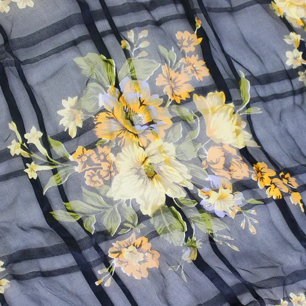 Black and Yellow Floral Pattern Sheer Silk Square Scarf 20" x 20"