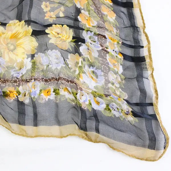 Black and Yellow Floral Pattern Sheer Silk Square Scarf 20" x 20"