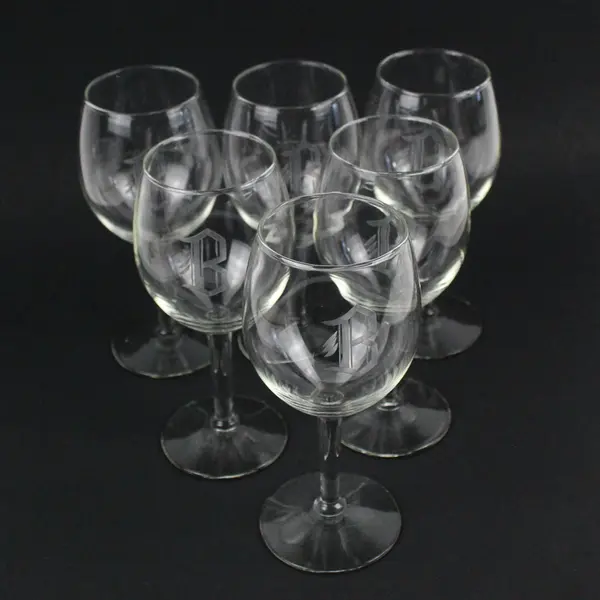 Lot Of 6 Matching Unbranded Clear Glass Wine Glasses Etched "B" 7.25" Tall