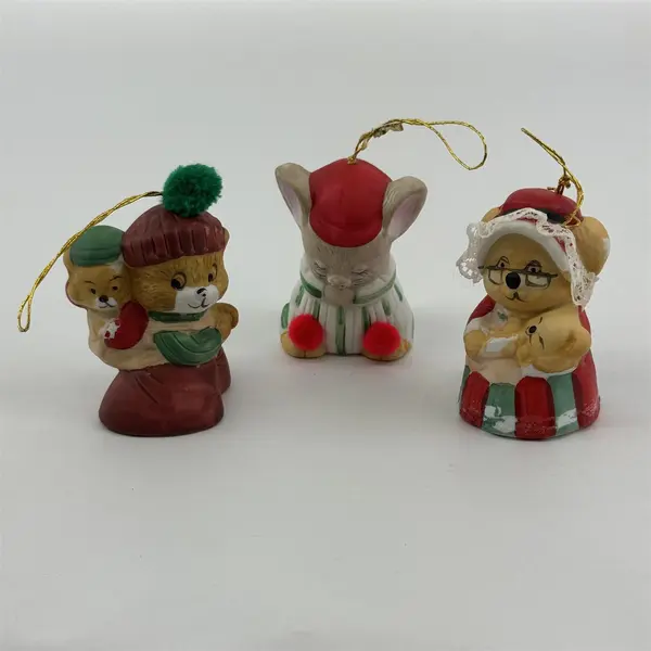 3 Vtg. Jasco Caring Critters & Lil Chimers Ceramic Bell Christmas Ornaments