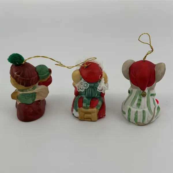 3 Vtg. Jasco Caring Critters & Lil Chimers Ceramic Bell Christmas Ornaments