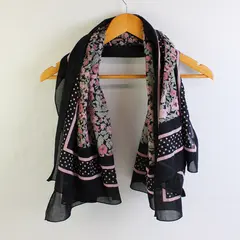 Vintage Pink Floral Pattern Sheer Black Square Scarf 42" x 42"