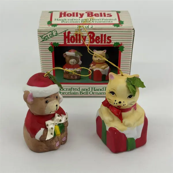 Set of 2 Vintage Giftco Holly Bells Handcrafted Porcelain Bell Ornaments w/ Box
