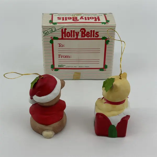 Set of 2 Vintage Giftco Holly Bells Handcrafted Porcelain Bell Ornaments w/ Box