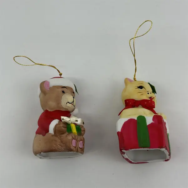 Set of 2 Vintage Giftco Holly Bells Handcrafted Porcelain Bell Ornaments w/ Box