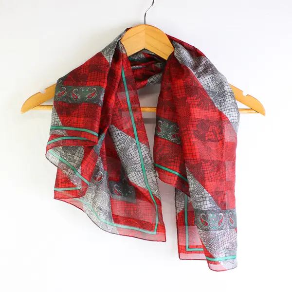 Vintage Red Green and Gray Paisley Pattern Sheer Square Scarf 30" x 30"