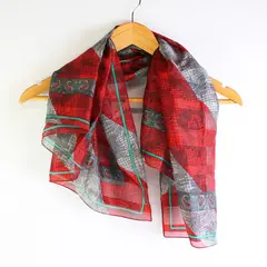 Vintage Red Green and Gray Paisley Pattern Sheer Square Scarf 30" x 30"