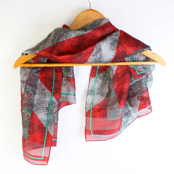 Vintage Red Green and Gray Paisley Pattern Sheer Square Scarf 30" x 30"