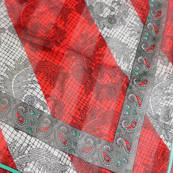Vintage Red Green and Gray Paisley Pattern Sheer Square Scarf 30" x 30"