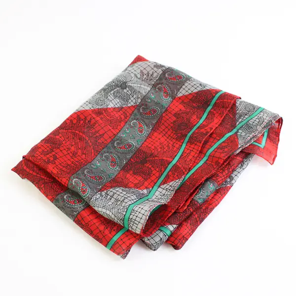 Vintage Red Green and Gray Paisley Pattern Sheer Square Scarf 30" x 30"