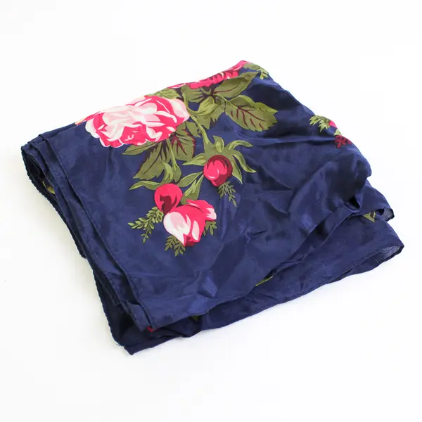Vintage Pink Green Navy Blue Rose Print Square Scarf 30" x 30"