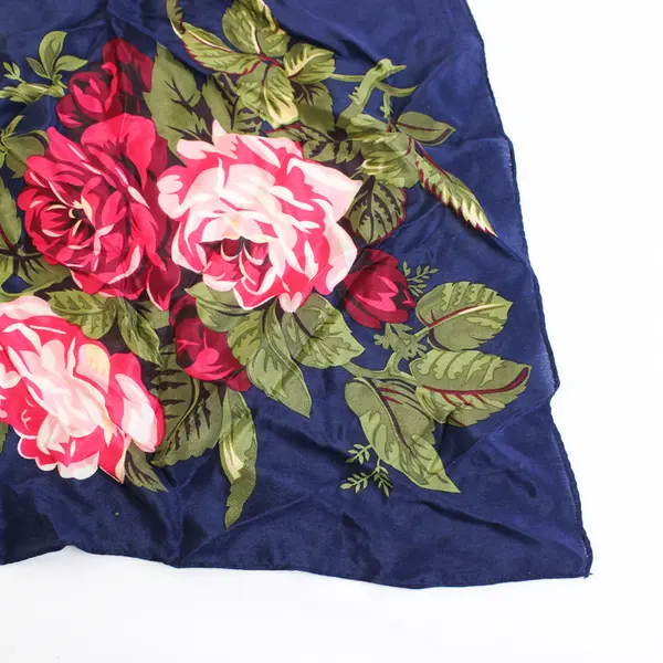 Vintage Pink Green Navy Blue Rose Print Square Scarf 30" x 30"