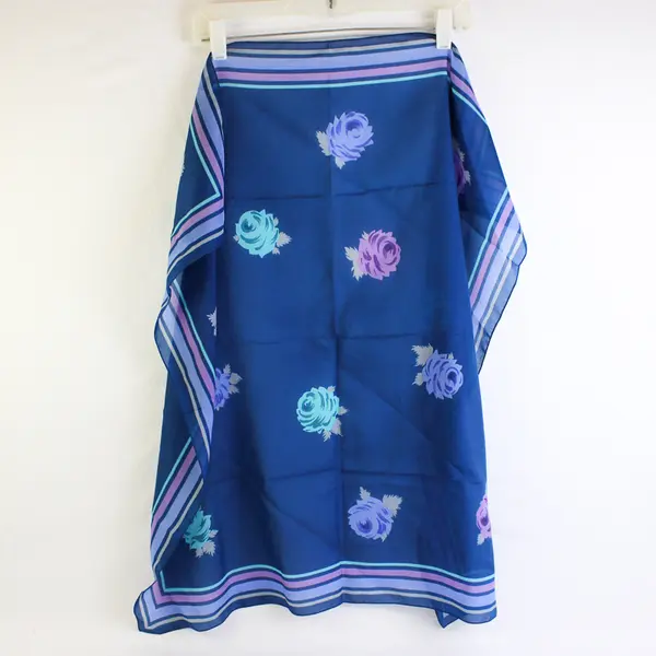 Vintage Blue and Purple Striped Rose Print Sheer Square Scarf 30" x 30" FLAWED