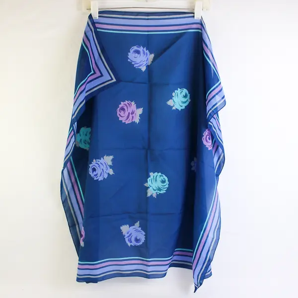 Vintage Blue and Purple Striped Rose Print Sheer Square Scarf 30" x 30" FLAWED