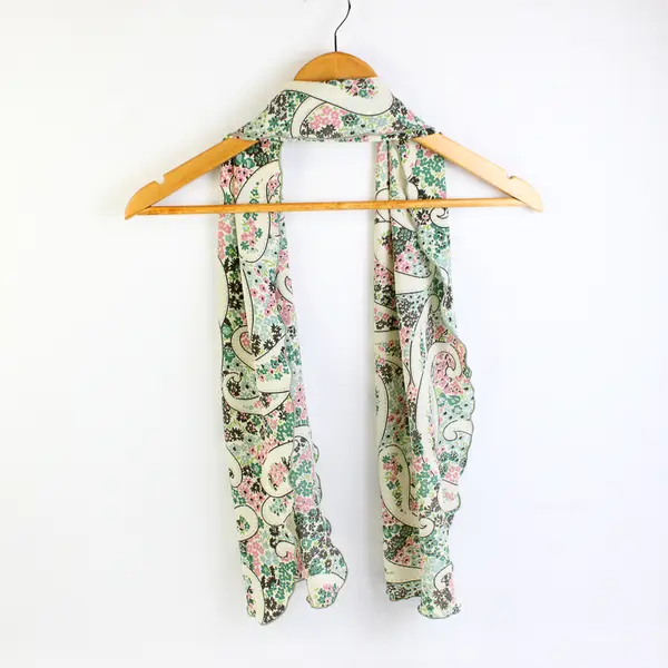 Vintage Pink Teal White Floral Paisley Rectangle Scarf 11" x 55"