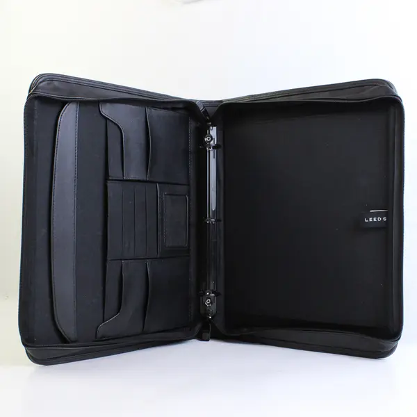 Leed's Sunrise Identity Black Leather Folder Organizer Zipper Closure