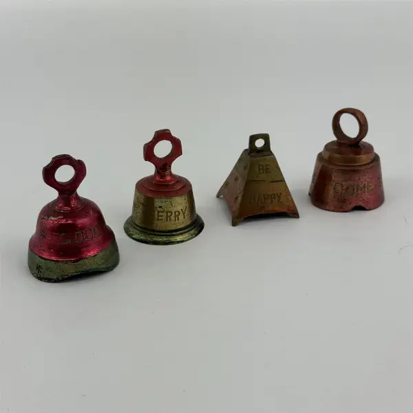 4 Brass Bells Of Wahab India Magenta And Gold Engraved With Phrases