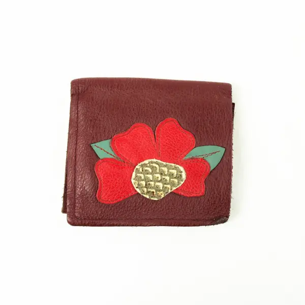 Women's Red Leather Tri-Fold Wallet Floral Flower Accent