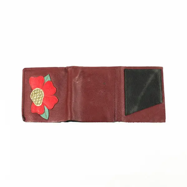 Women's Red Leather Tri-Fold Wallet Floral Flower Accent