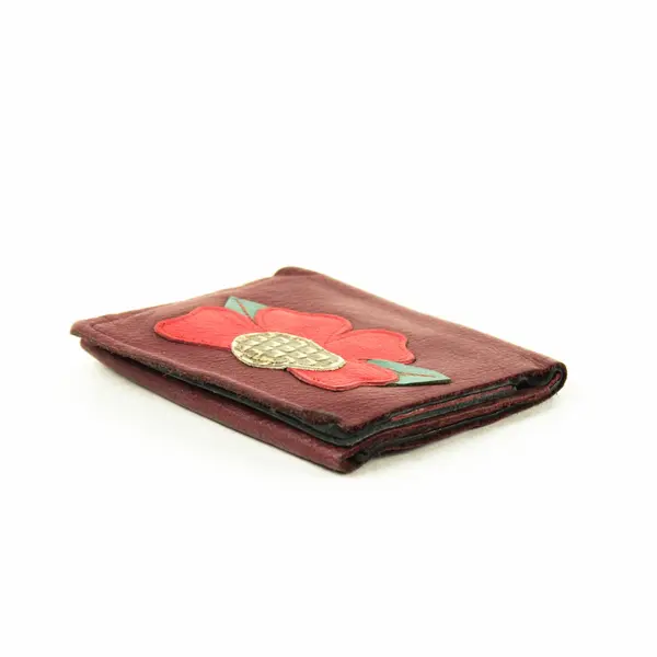 Women's Red Leather Tri-Fold Wallet Floral Flower Accent
