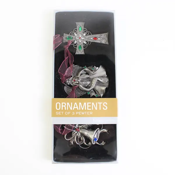 Living Quarters Set of 3 Pewter Christmas Ornaments Bells Angel Cross