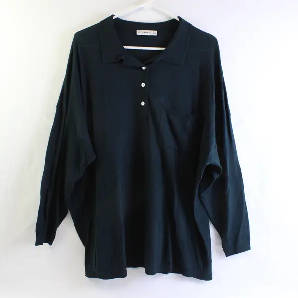 Zara Knit Unisex L Blue/Green Semi-Sheer 1/4 Button Pullover Long Sleeve Sweater