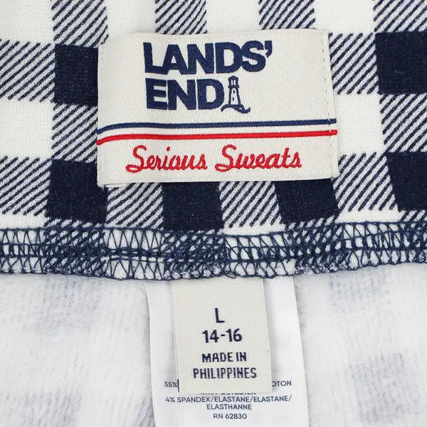 Lands End Serious Sweats Women's L 14-16 Blue Gingham Plaid Fleece Leggings