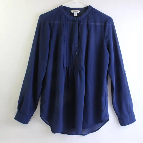 Old Navy Women's M Blue Sheer Pleated Neck Roll Tab Sleeve Tunic Dress Top