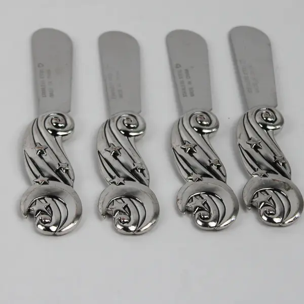 Lot of 4 Stainless Steel Butter/Cheese Unknown Brand Moon & Stars Handle Pattern