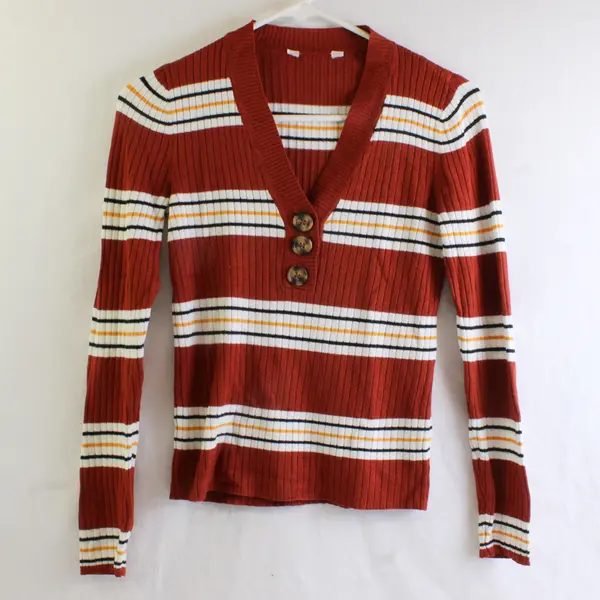 No Boundaries Women's/Juniors S/M Orange Ribbed V-Neck Striped Henley Sweater