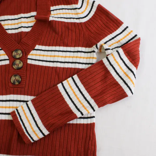 No Boundaries Women's/Juniors S/M Orange Ribbed V-Neck Striped Henley Sweater