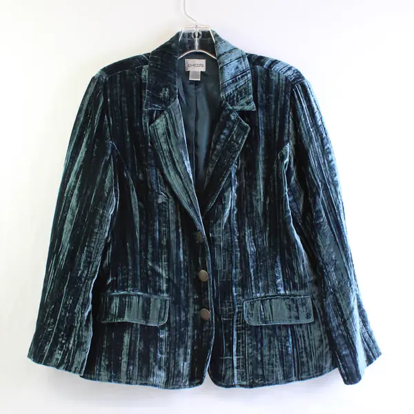 Chico's Women's Sz 1 Blue Velvet Blazer Jacket Silk Blend w/Shoulder Pads