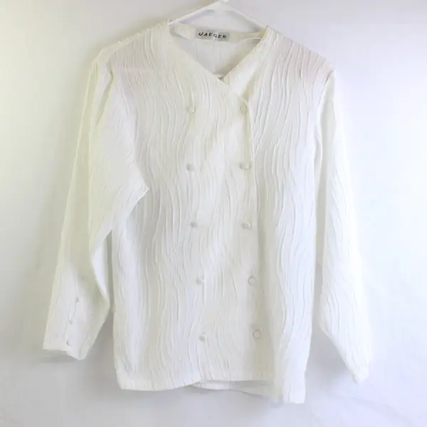 Vtg Jaeger Women's M White Satin Double Breasted  Button Up Long Sleeve Blouse