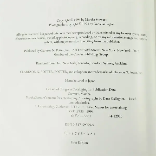 Martha Stewart's Menus for Entertaining Hardcover