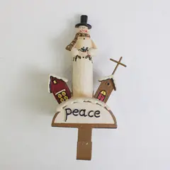 Ceramic Christmas Stocking Mantle Hanger "Peace" Snowman and Church Flawed