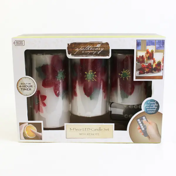 Apothecary & Company 3-Piece LED Poinsettias Candle Set w/Remote 2018