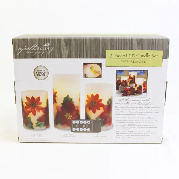 Apothecary & Company 3-Piece LED Poinsettias Candle Set w/Remote 2018