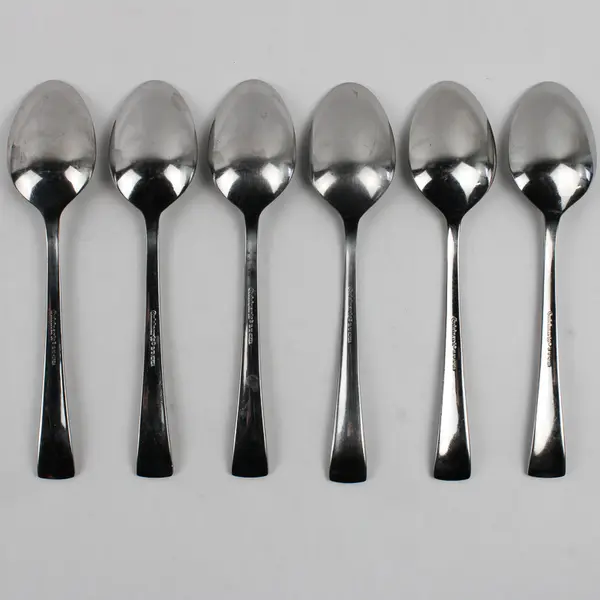 Lot of 6 Cuisinart Flatware Geo Pattern 18/10 SS Oval Soup Spoons 7.75" Good