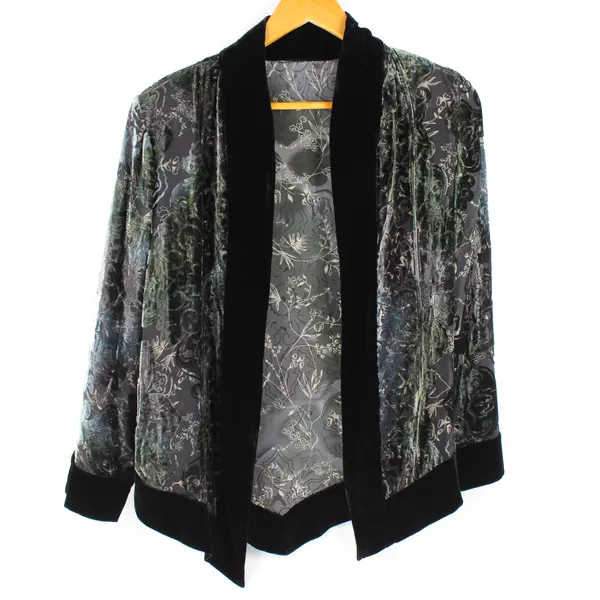 Chico's Women's L Green Silk Blend Floral Flocked Velvet Burnout Jacket