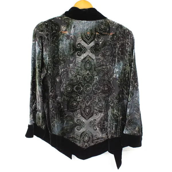Chico's Women's L Green Silk Blend Floral Flocked Velvet Burnout Jacket